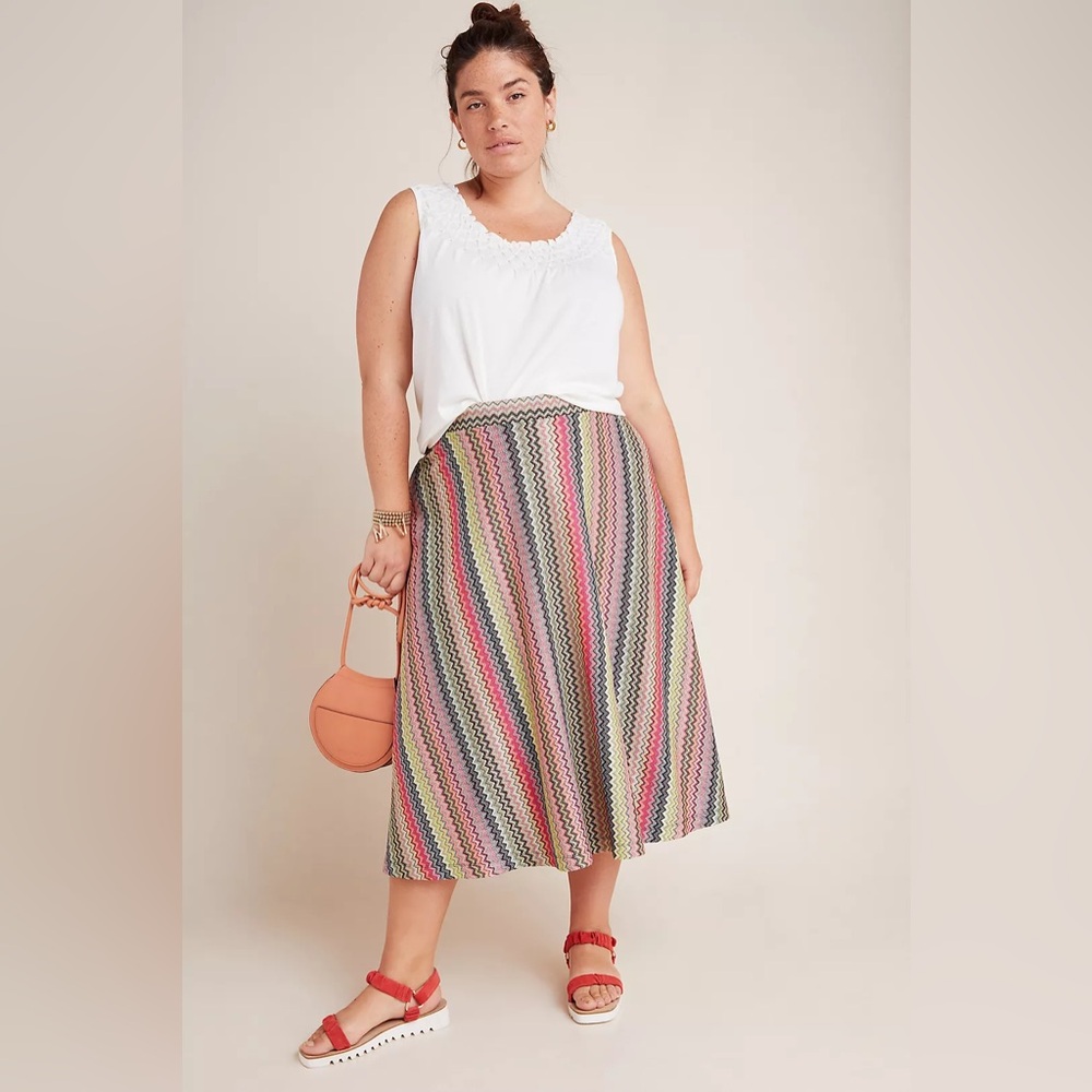 ANTHROPOLOGIE Maeve Arely Knit Midi Skirt chevron rainbow SIZE XL